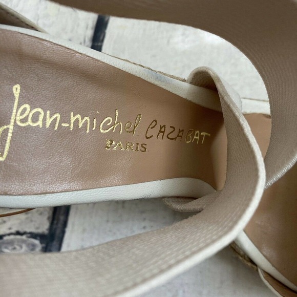 Jean Michel Cazabat Ivory Leather Textile Espadrille Wedge Sandals Size 6.5 - Picture 11 of 12